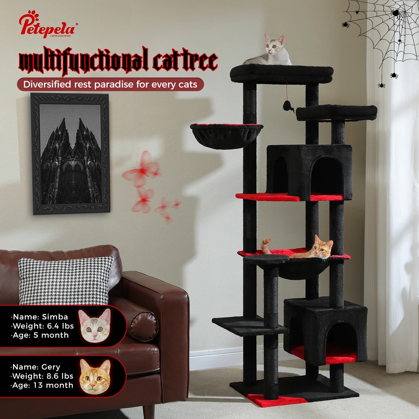 Tall Cat Tree for Indoor Cats Big Cat Tower with Super Large Hammock Cat Climbing Tree with Scratching Posts Condo House Black